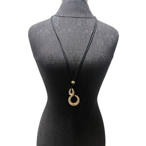 True to Form Gold Tone Double Teardrop Ring Long‎ Black Cord Necklace 32+3in